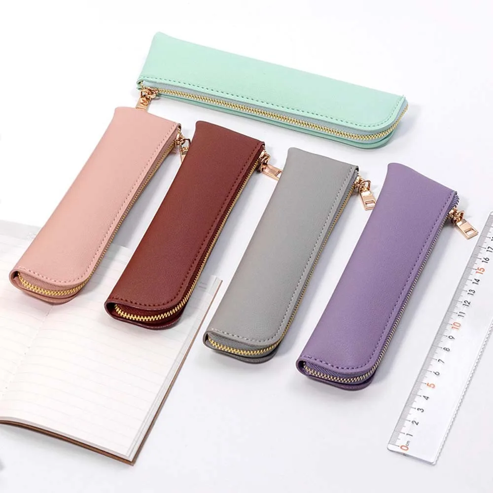 

Storage Pouch PU Leather Pencil Case Korean Style Makeup Brush Leather Stationery Bag Desk Accessories INS Solid Color Pen Bag