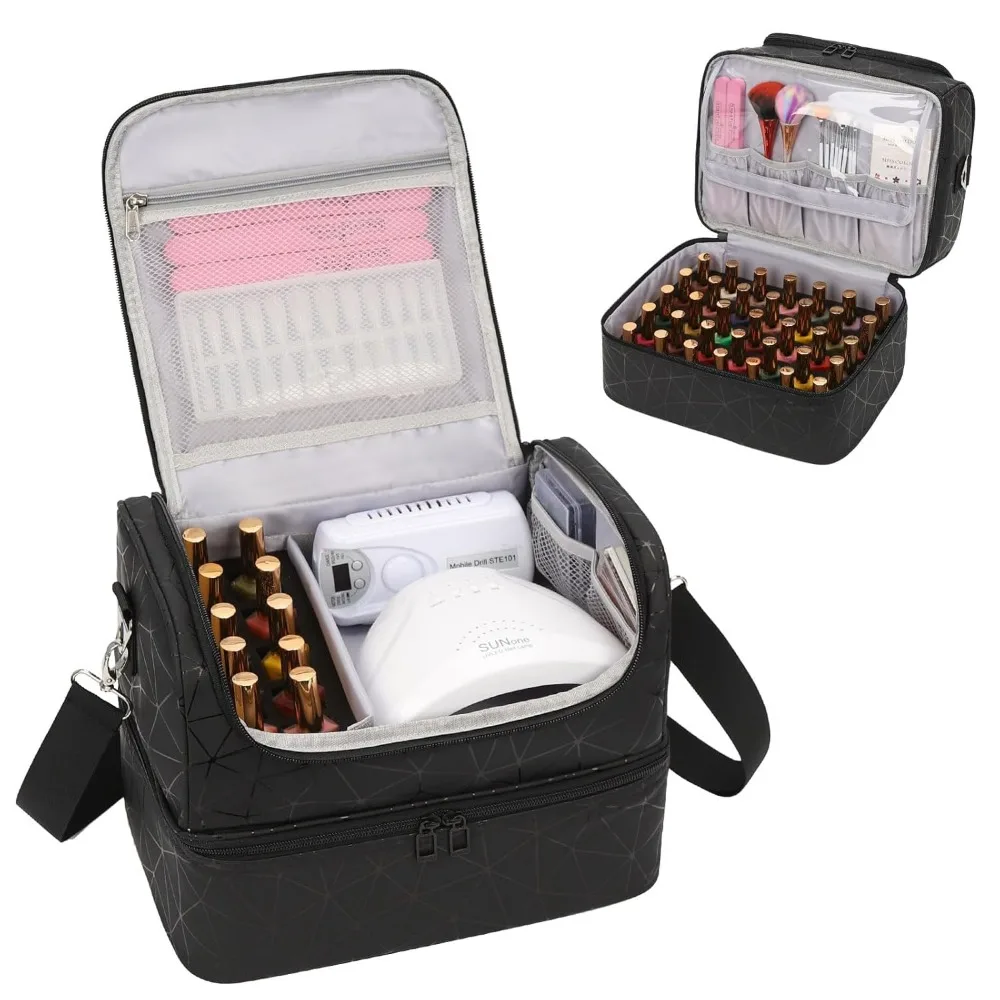 

Portable Nail Polish Organizer with UV Lamp Holder, 45 Bottle Capacity, Double-Layer Travel Case for Nail Tech Supplies
