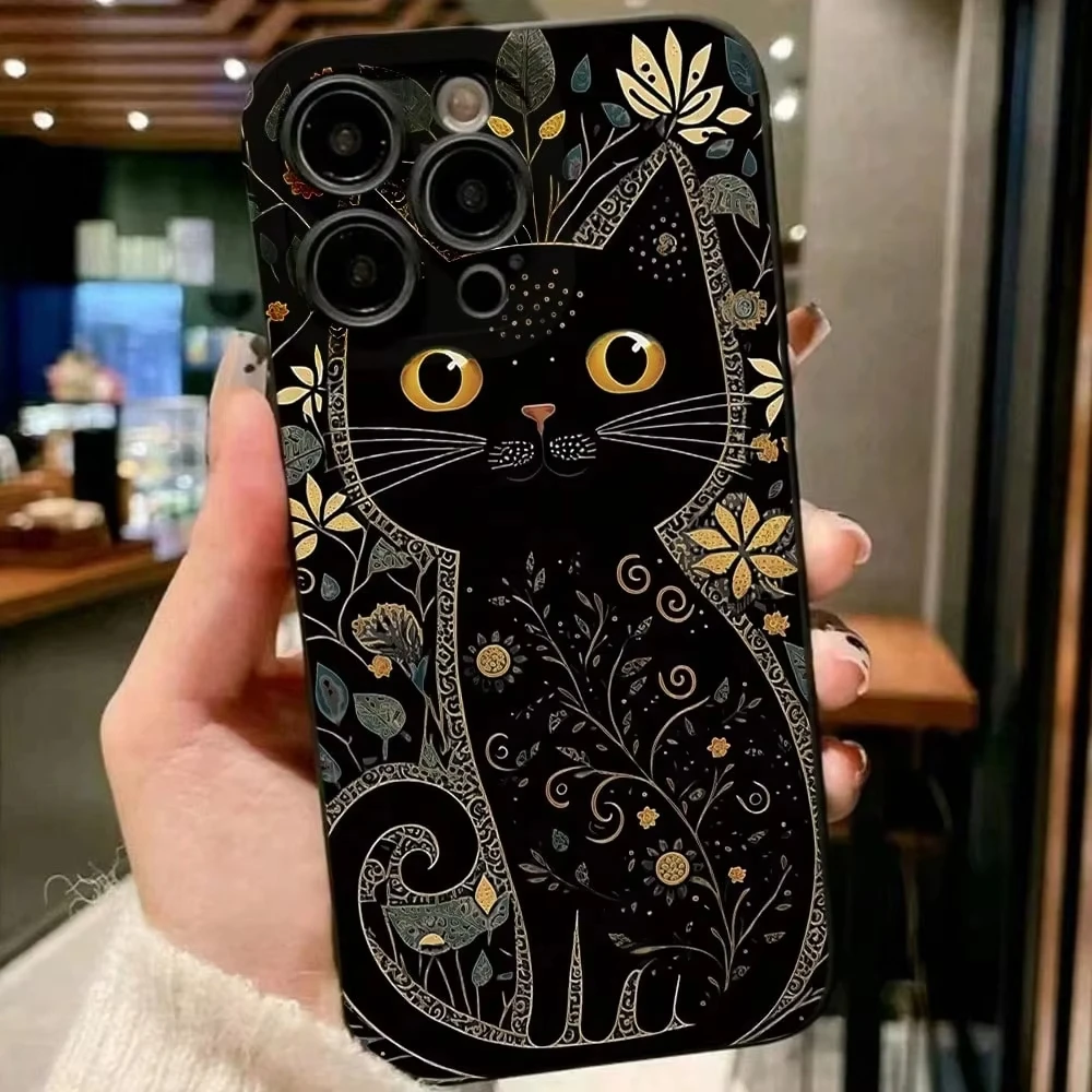 ريترو ستايل أسود القط الفن قضية الهاتف لسامسونج غالاكسي S25 الترا S24 S23 S22 S21 زائد S20 FE A55 A54 A35 سيليكون لينة غطاء #3