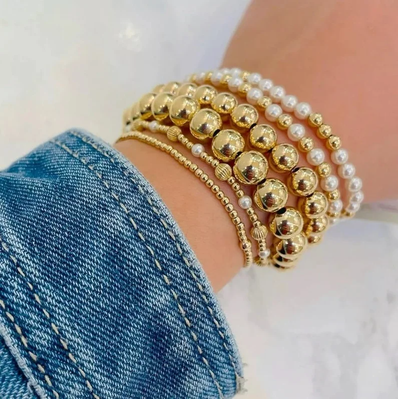 

VKVVA Fashion Jewelry Gold-plated Bead and White Pearl Mixed Bracelet Set total 6pcs Women Birthday Gifts, Unique Gift