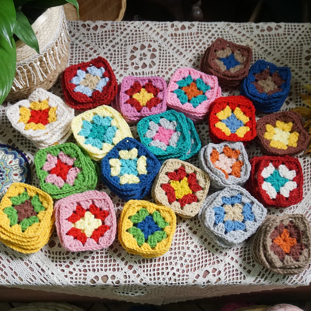 Crochet Doilies Multicolor Coasters Square Table Mats Decoration Handmade Crochet Cup Pad 9cm Wool Clothes Patch 50pcs/lot