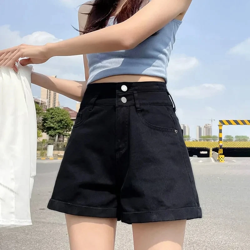 Kurze Jeans mit doppelten Schnallen und geradem Bein für Damen, Frühling/Sommer, lockere, weit geschnittene Denim-Shorts mit Bündchen, trendiger Y2K-Minirock von Cuteore – Detail 8