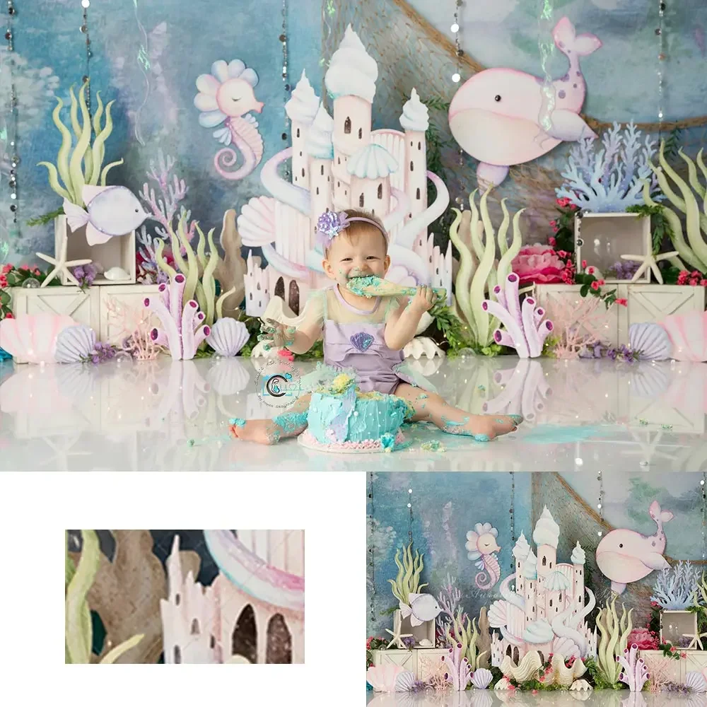 

Коралловый замок под морем фон для детей детский торт Smash реквизит для фотосъемки для девочек и взрослых фон для студии на день рождения