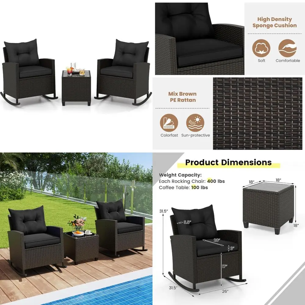 

Rattan Wicker Rocking Chairs Duo with Cushions and Glass Top Coffee Table for Outdoor Conversation Area