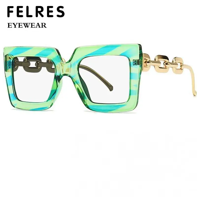 Personality Green Stripe Square Myopia Glasses Women Fashion Metal Chain Eyeglasses Frame Clear Lens Female Computer Glasses