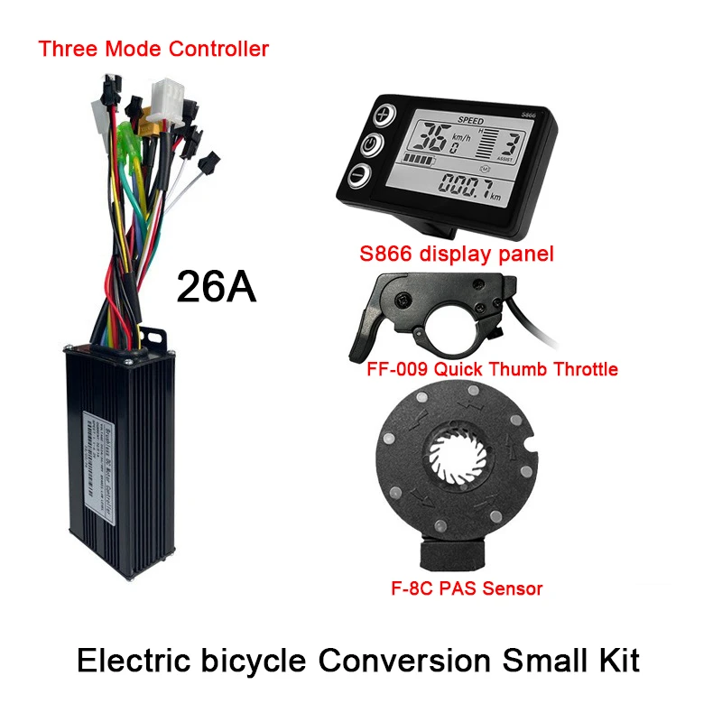 

E-Bike Conversion Small Kit,26A Three Mode Sine Wave Controller,S866 LCD Display,12V-72V FF-009 Thumb Throttle,F-8C PAS sensor