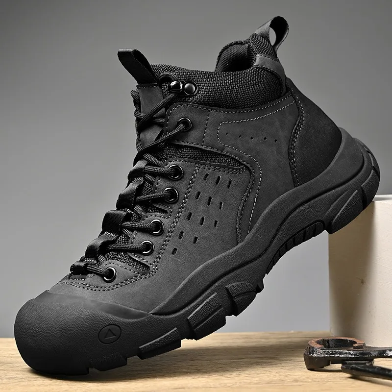 Men's Cow Leather Hiking Boots Non Slip Toe Cap Anti-collision Trekking Shoe Big Size Men Outdoor Mountain Climbing Casual Shoes
