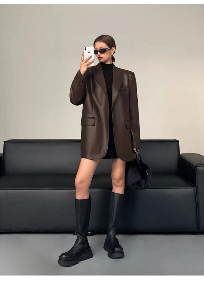 Lautaro Autumn Black Brown Soft  Pu Leather Blazer Women Shoulder Pads Long Sleeve Single Breasted Loose Casual Korean Fashion