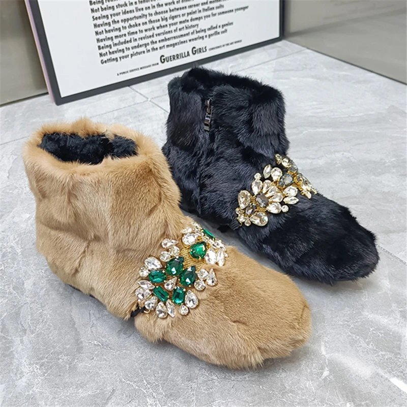 Fashion Crystal Winter Warm Furry Botines Mujer Real Mink Fur Snow Boots Thick Sole Platform Shoes Skidproof Creepers Flats