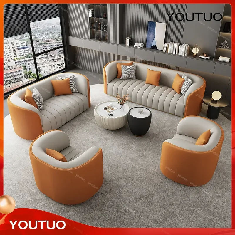  Light Luxury Orange and Gray Leather Sofa Set Hotel Lobby Sales Office Reception Guest Leisure Combination