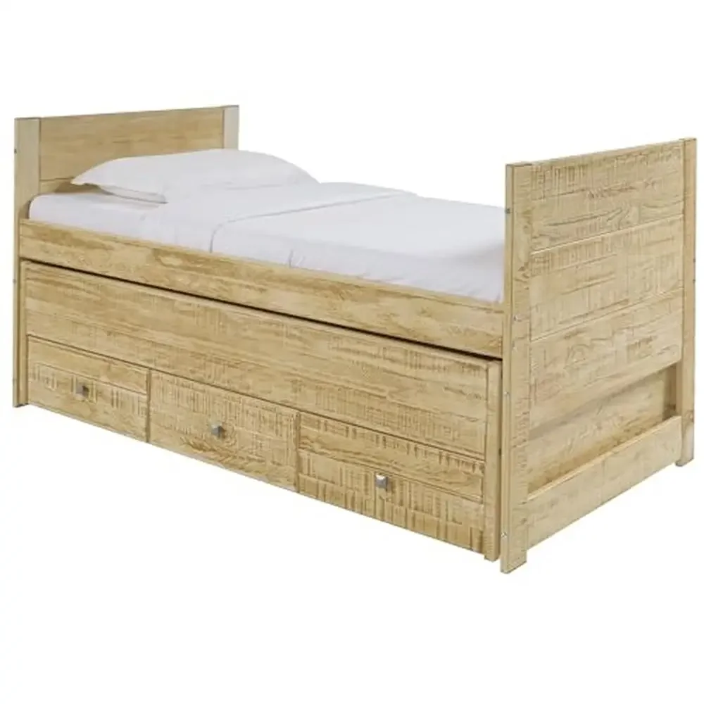 Twin Bed with Trundle and 3 Drawers Weathered Honey Storage Solution Rustic Finish