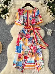Elegant Floral Short Dress Summer Women 2025 New Retro Print Midi Vestidos Sleeve Pencil Summer Holiday Dresses