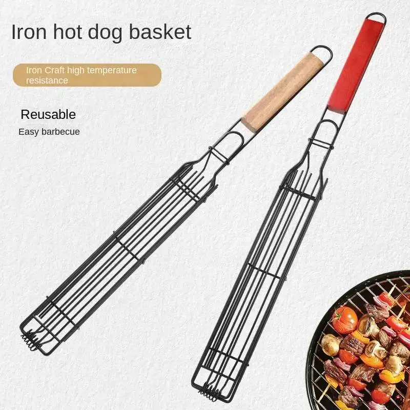 Barbecue Grill Mesh Stainless Steel Grill Net Accessories Camping Outdoor Hot Dog Basket Non-stick Rolling BBQ Grilling Basket