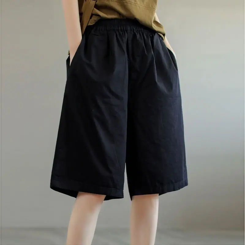 

Korean fashion Summer New Pure cotton Women's Solid color Elastic waist Pockets Simplicity Versatile Straight Casual Shorts