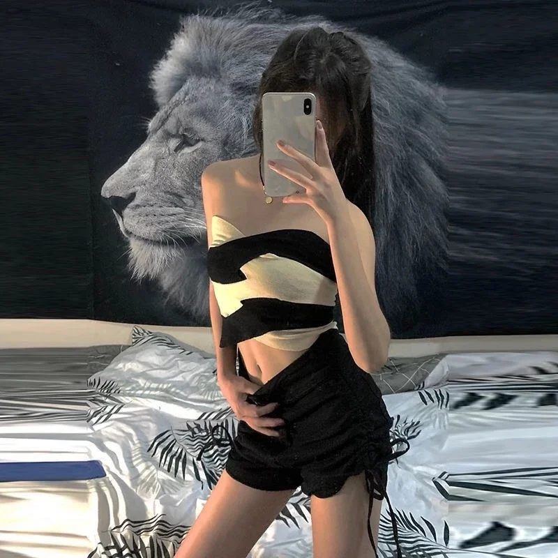 

Female Shorts Korean Style Sexy Splicing Color Strapless T Shirt Women's Short Sets 2 Pieces New in Matching Stylish Luxury Full