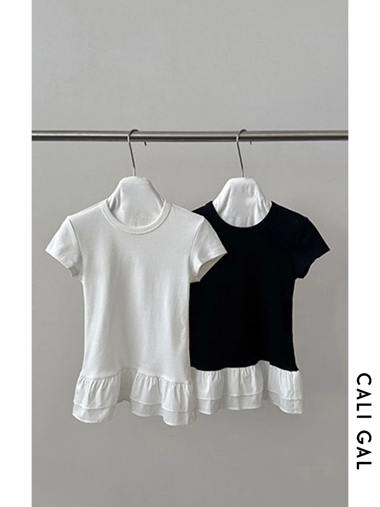 

Футболка Cali Gal Korean Sle T-irt, весна-лето, с кружевным подолом, для девочек, хлопок, круглый вырез, влагоотводящая, цветная