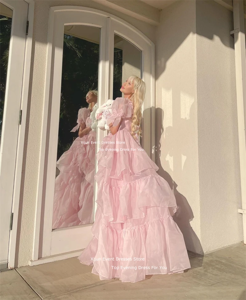 Xijun Blush Pink Princess Long Evening Dresses Tiered Organza Formal Graduation Party Gowns Puff Sleeves Fairy Ball Gowns 2024