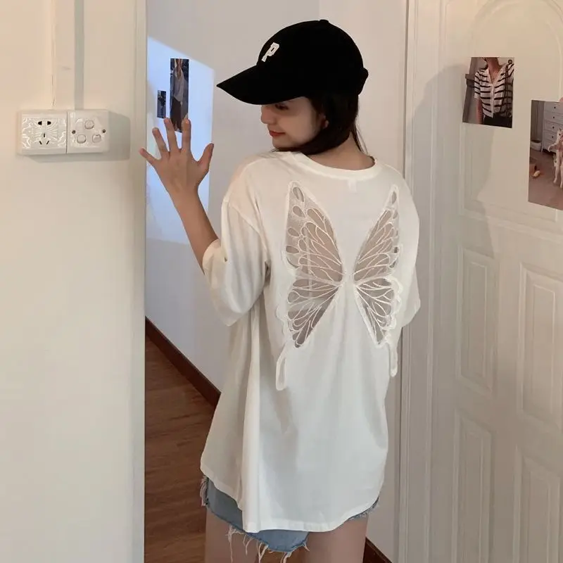 DAYIFUN-Women's Cotton Short Sleeved T-shirts Butterfly Hollow Open Back Design Tshirts New Loose Tops Long Tees Summer T-shirt