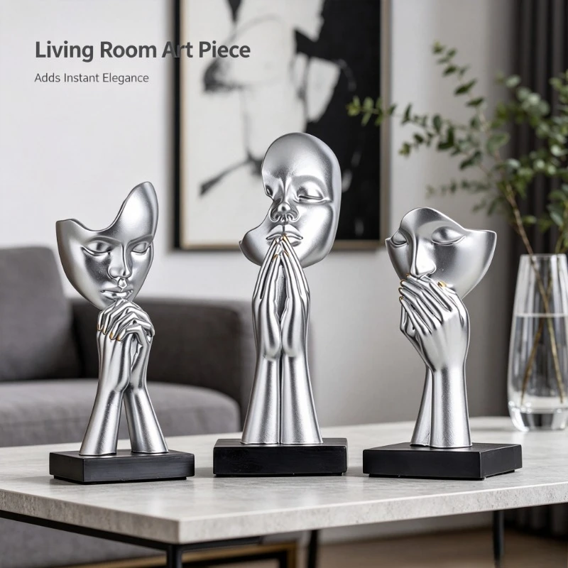 Nordic Abstract Thinker Statue Set, Silver Resin Face Sculptures for Home Office Decor & Gift