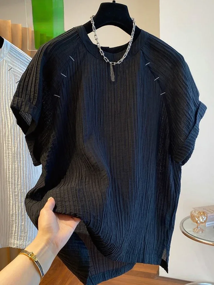 Chemisiers Vintage français à manches courtes, col rond, Patchwork, plis, chemises amples décontractées pour femmes, vêtements simples assortis avec tout, XT607