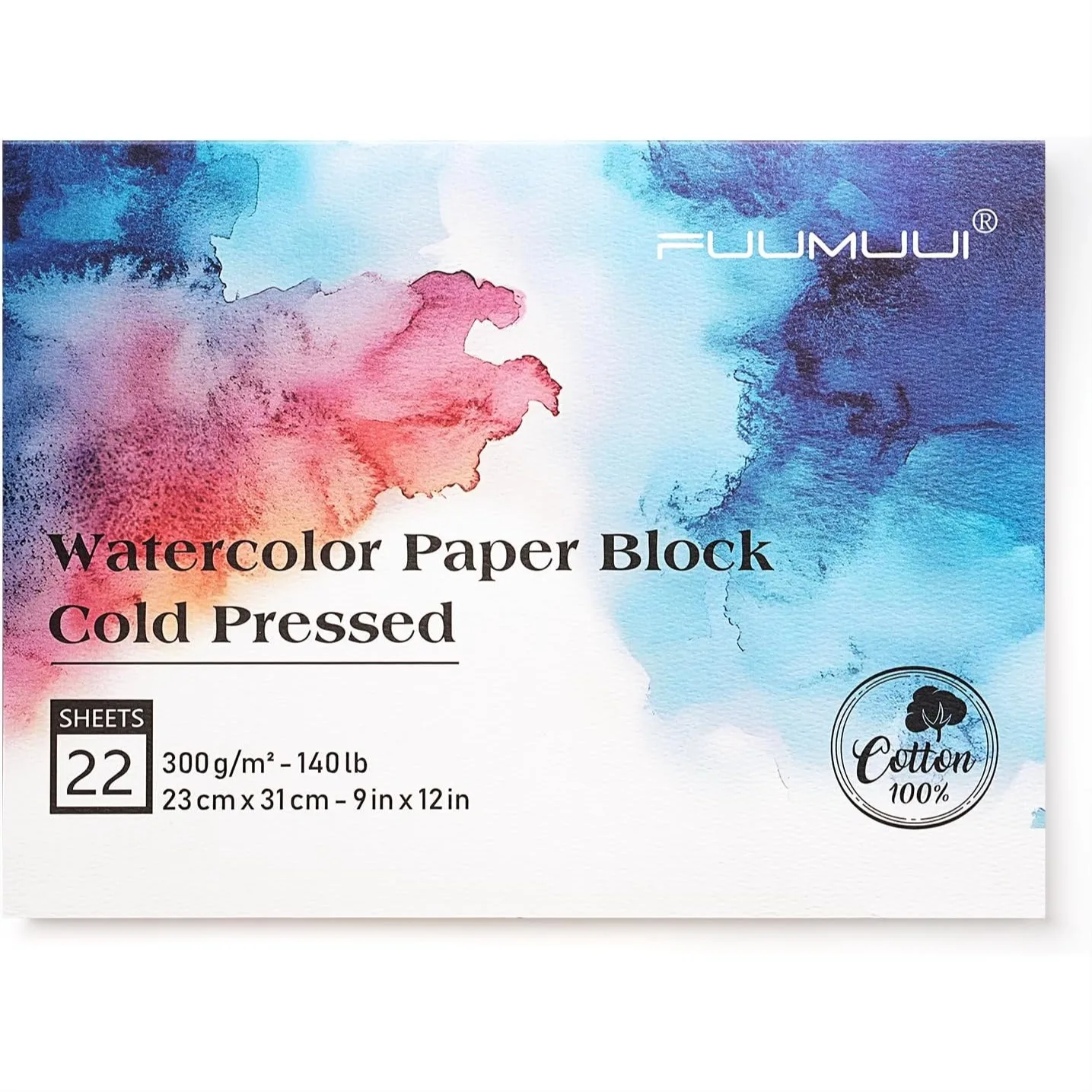 

Watercolor Paper Block 9x12 Inch, 100% Cotton Paper Pad, 22 Sheets, Cold Pressed, 140 lb/300gsm for Painting, Drawing, Art