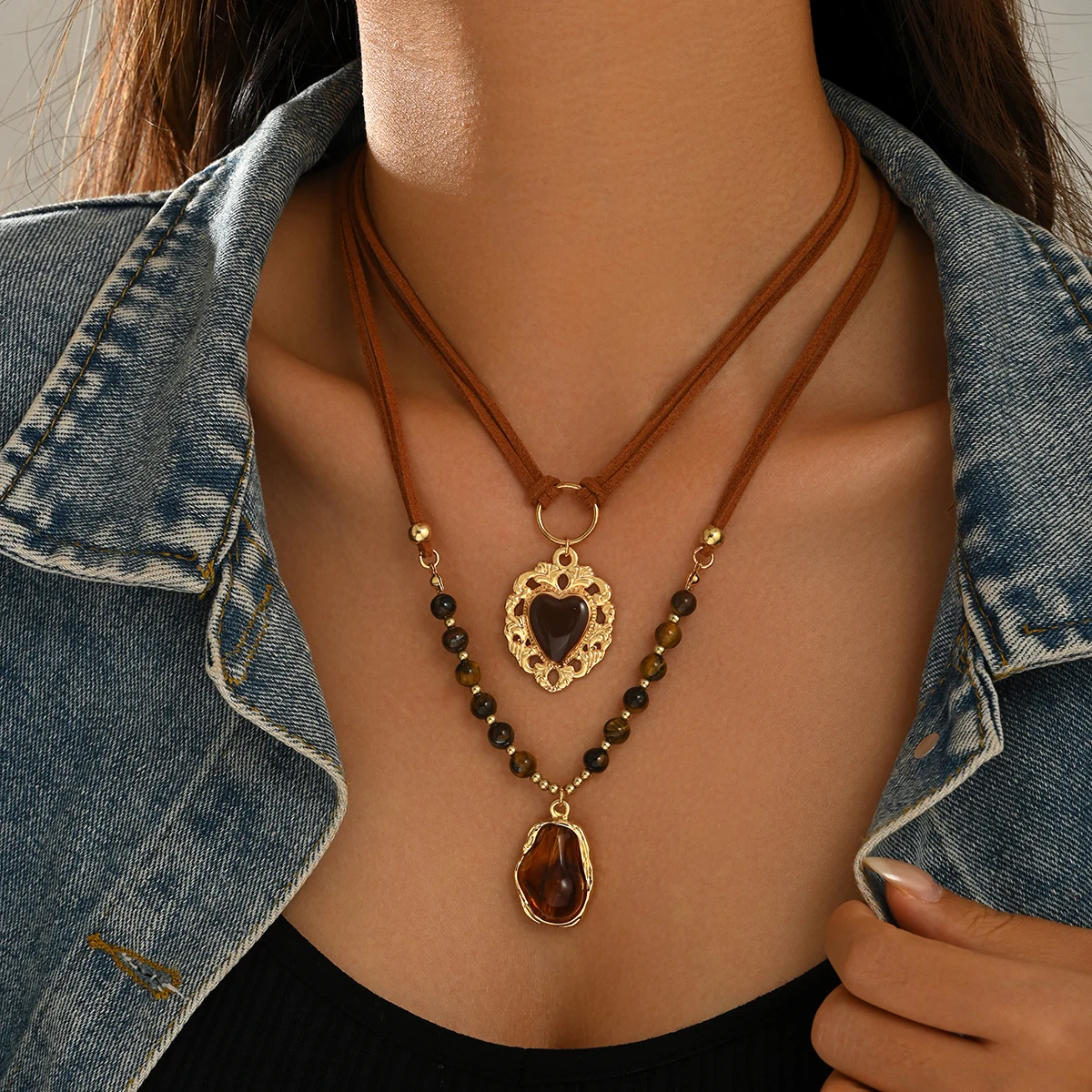 Women Double Layer Suede Cord Necklace Vintage Heart & Irregular Stone Pendant Tiger Eye Beaded Boho Western Jewelry