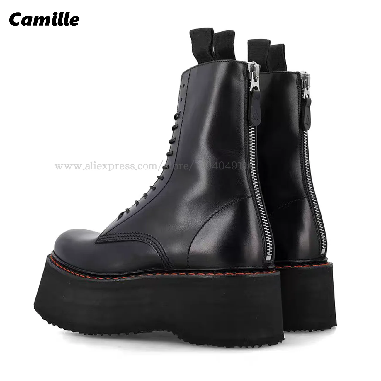 Cowhide Classic Thick Sole Platform Front Lace Up Modren Boots Autumn New Size 35-40 Casual Boots Round Toe Back Zipper Boots