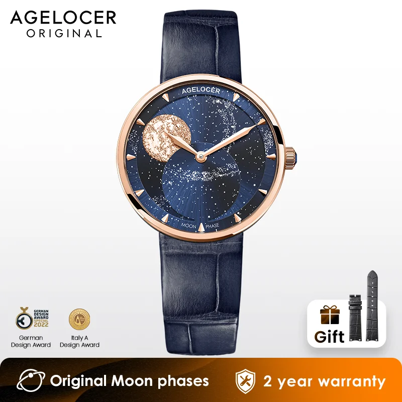 AGELOCER-Relógio Quartzo Fase Lunar Feminino, Relógio De Ouro De Luxo, Relógio De Astronomia Original, Presente De Aniversário