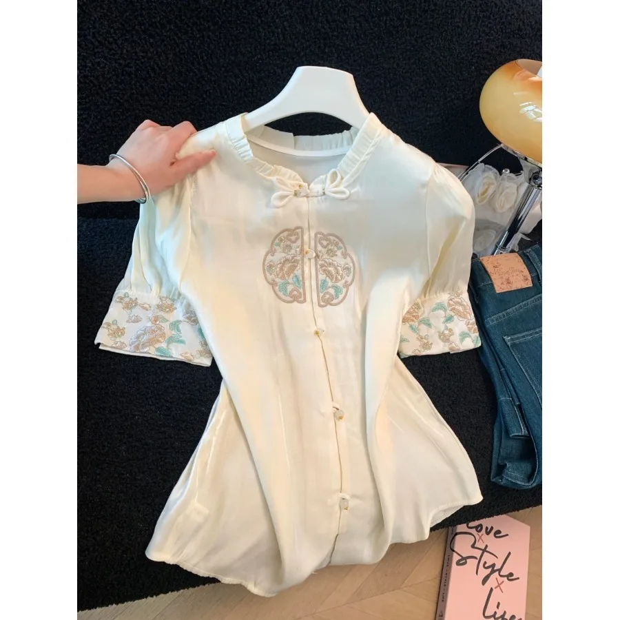 

New Chinese Style Satin Short Sleeve Embroidered Shirt Women's Fashion Slim Fit Lace Top Summer Vintage Style Citywalk