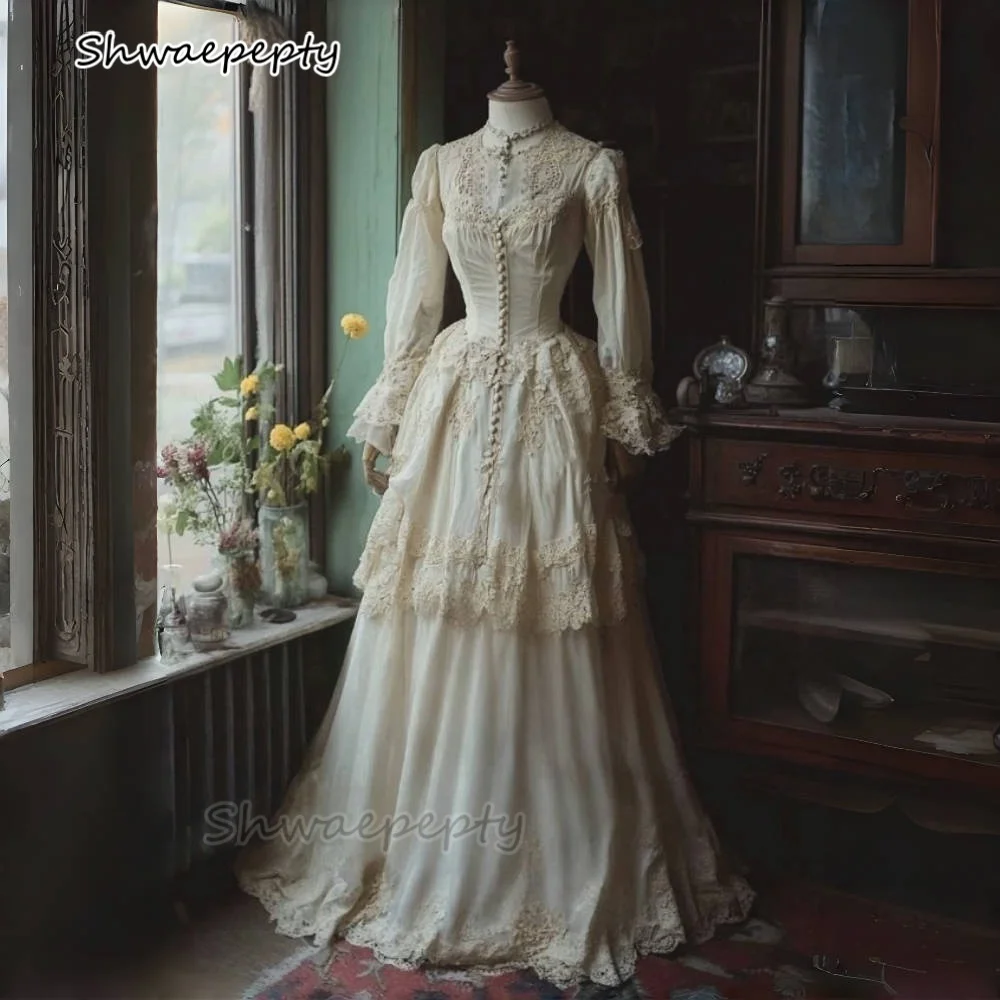 

Vintage Mid Century Wedding Dress Long Sleeves Lace Appliques Bridal Gowns Customized Victorian Vestidos De Novia