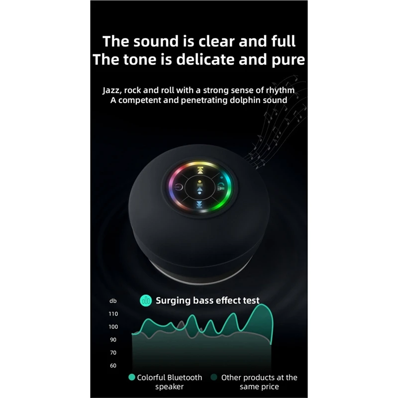 مجموعة واحدة من مكبر صوت بلوتوث صغير RGB ضوء كوب شفط بلوتوث مقاوم للماء، أسود