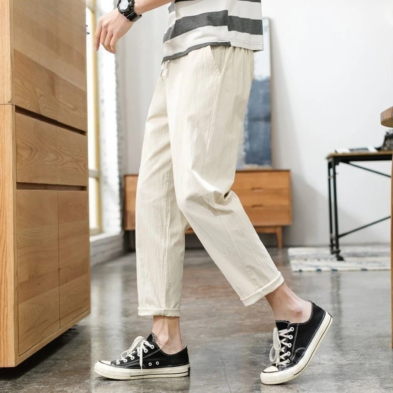 

Summer Straight Casual Cotton Linen Pants Men Solid Thin Lightweight Ankle-Length 9-point Pants Breathable Loose Pencil Trousers