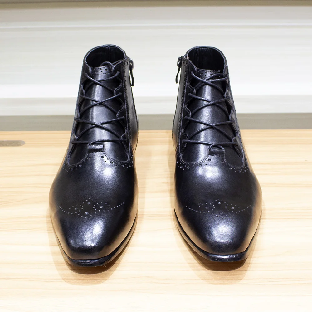 Herfst Mode Echt Leder Mens Enkellaarsjes Handgemaakte Lace Up Zip Stijlvolle Oxford Schoenen Hoge Kwaliteit Jurk Laarzen Voor Mannen
