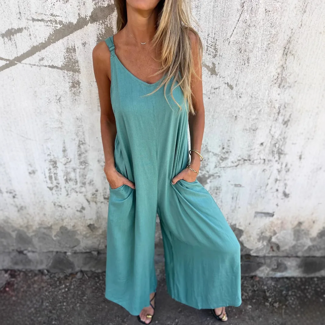 

2025 Women's Jumpsuit Summer Suspender Cotton and Linen Blend Loose Pocket Street Casual and Fashion Wide-leg Pants Set