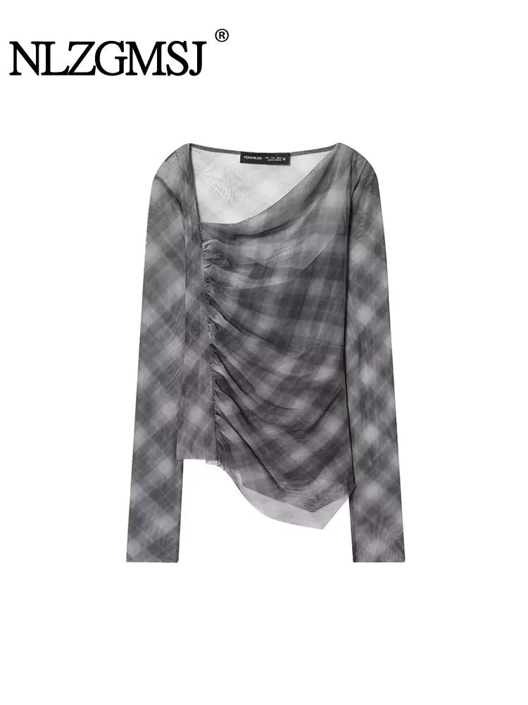 

NLZGMSJ элегантные шикарные женские рубашки в клетку, сетчатый косой воротник, асимметричный топ с длинными рукавами, новые модные осенние рубашки