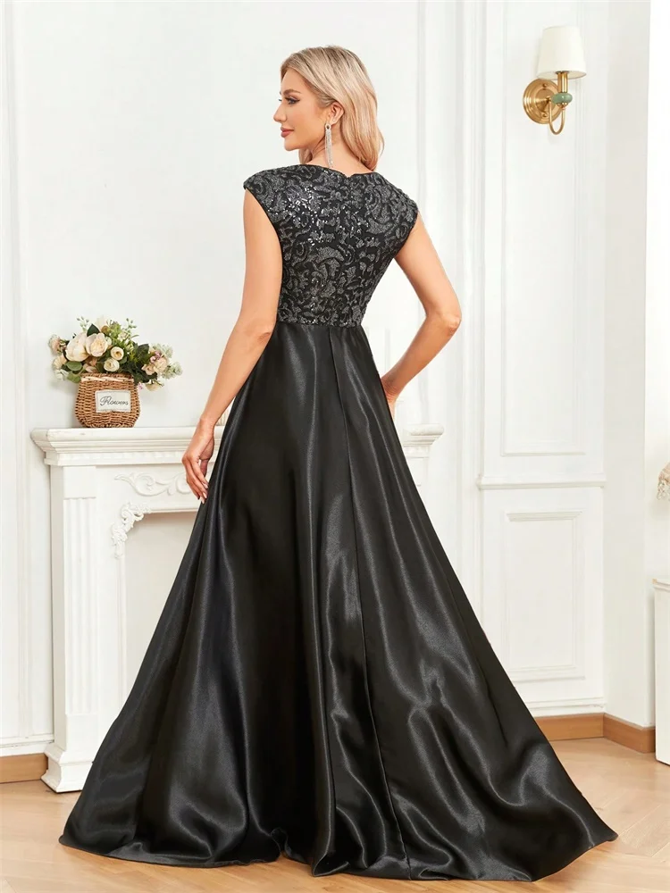 Lucyinlove Elegant Sequins Black Formal Evening Dress For Women 2025 Luxury U-neck Satin Prom Floor Length Cocktail Party Dress