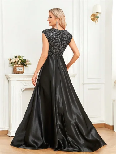 Imagen 2 del producto Vestido de noche Formal negro con lentejuelas elegantes para mujer, vestido de fiesta de cóctel largo hasta el suelo de satén con cuello en U de lujo 2025