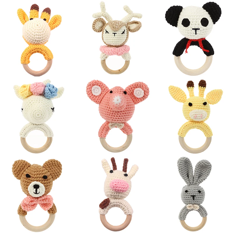 1Pc Baby Crochet Animals Ratter Toys Wooden Teether Rattle Toy Amigurumi Teether Baby Rattles Gifts BPA Free