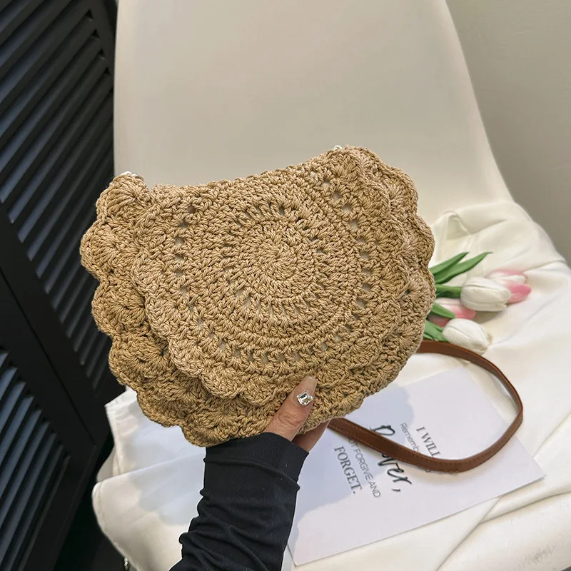 Lace Crossbody Cotton Woven Bag Hollow Shoulder Straw Woven Bag Holiday Style Beach Bag All-match Women's Bag