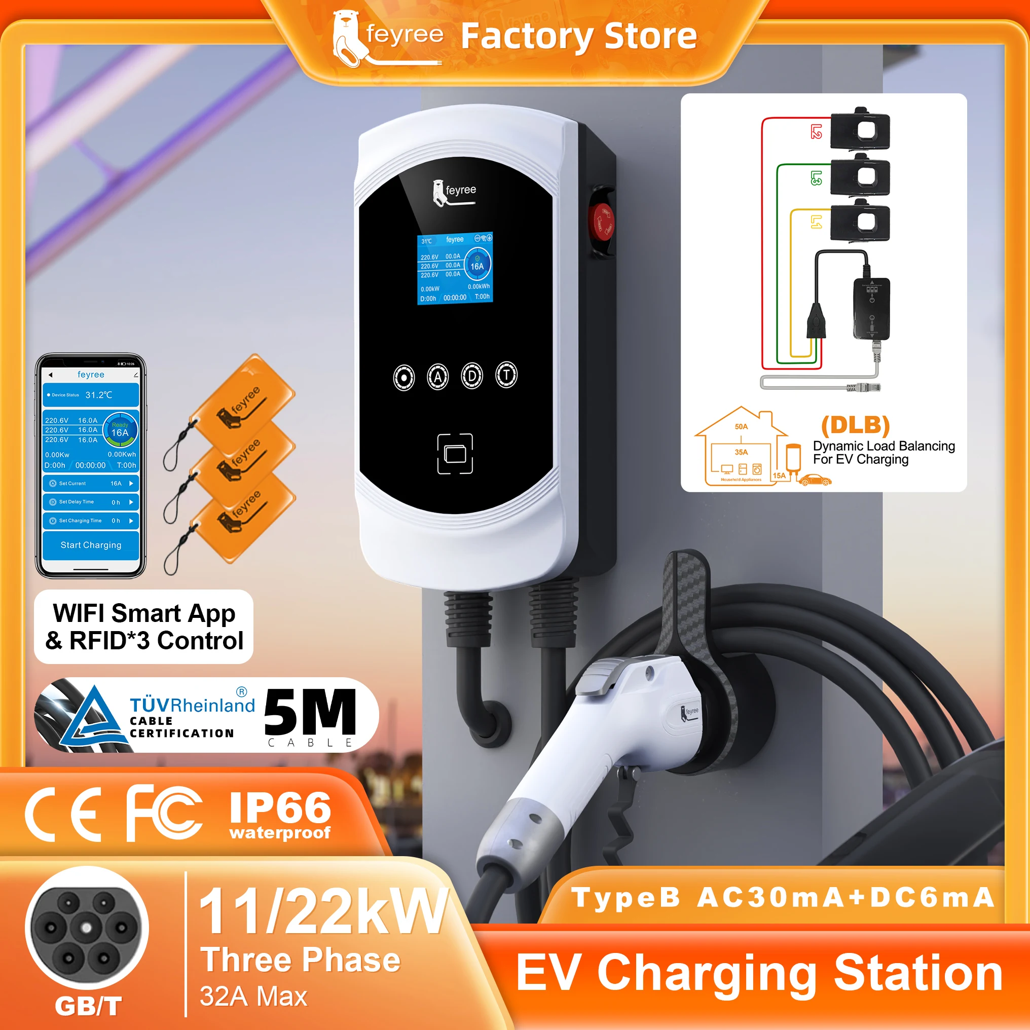 Cargador de Pared para Vehículos Eléctricos Feyree de 22 kW 32 A, 11 kW 16 A, 3P GB/T, Carga Rápida EVSE, Control Inteligente por Aplicación DLB, Cargador de CA para Hogar, para Automóviles Eléctricos