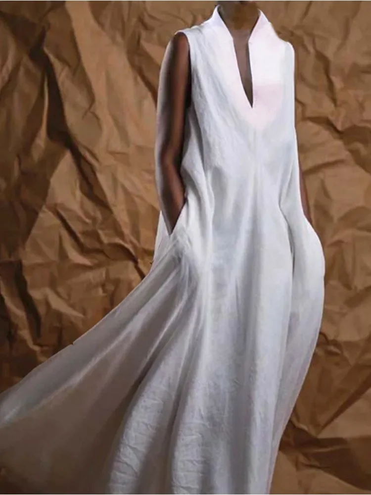 Maxi Jurk Voor Vrouwen Effen Witte Minimalistische Casual Zak Vintage Lange Jurk Mouwloos Katoen Harajuku Nieuwe Mode Jurken
