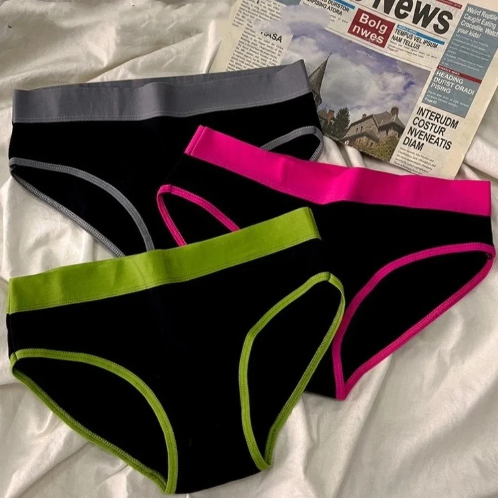Ins Cotton Crotch Sports Style Briefs Mid Waist Patchwork Women's Underwear Female Lingerie Triangle Panties Four Seasons