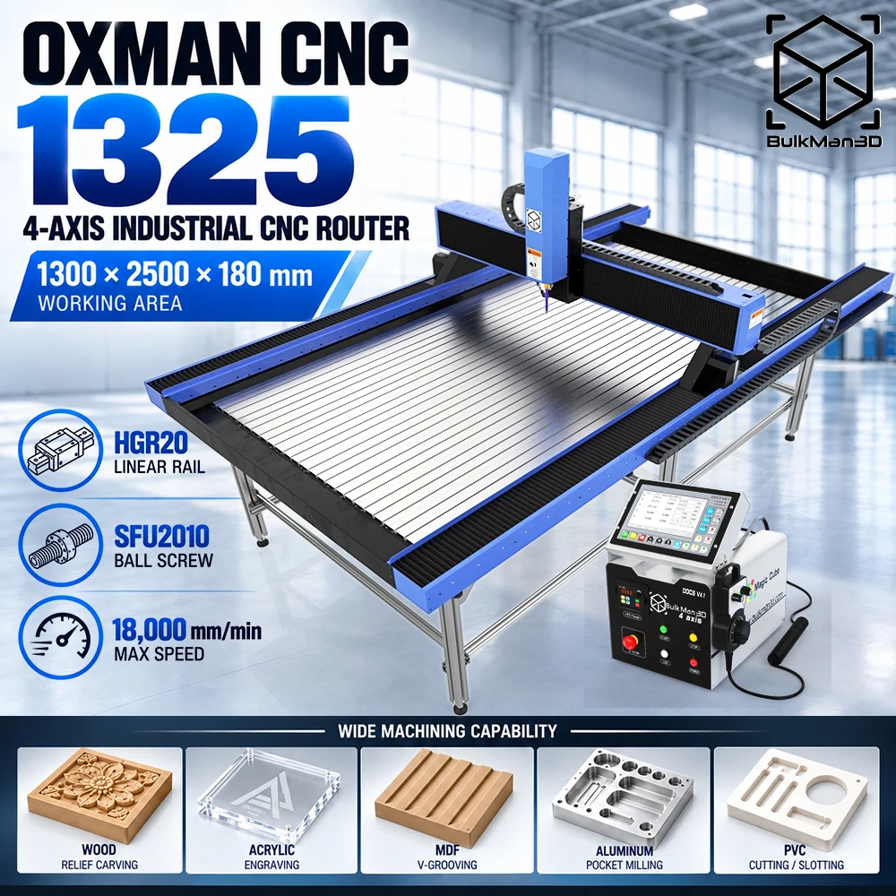 BulkMan3D OXMAN 1325 CNC Router Machine 4 Axis 1300x2500mm 2.2KW Spindle DDCS V4.1 HGR20 SFU2010 Ball Screw Wood Aluminum Kit