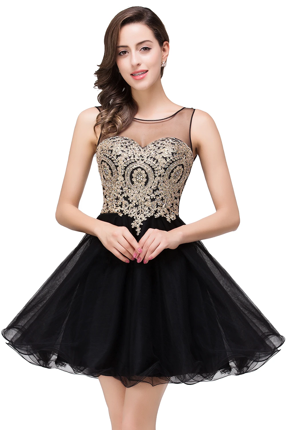 Black Short Homecoming Dresses Golden Appliques A-Line Illusion Neck Fashion Mini Prom Party Gowns For Women Robe De Soirée 2026