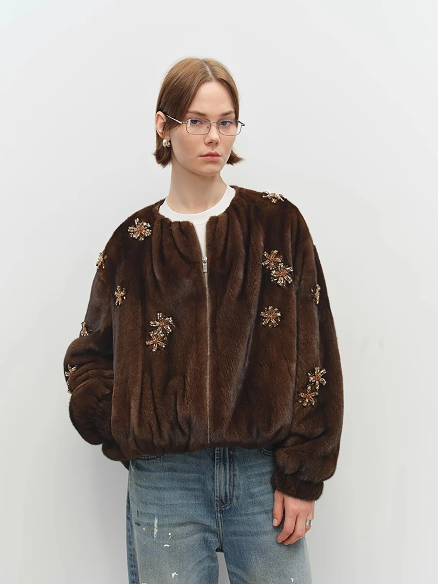 Winter Luxury Elegant Thick Warm Soft Brown Short Faux Mink Fur Coat Women Beading Loose Stylish Chic Fluffy Jacket