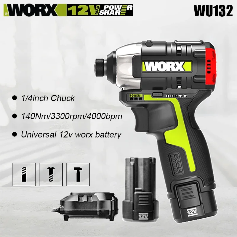 Worx WU132 Wireless Impact Screwdriver Rechargeable Brushless 140Nm 12v Adjust Torque Professional Univeral Orange Green Battery