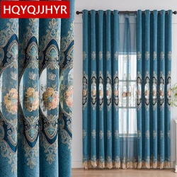 Luxury Chenille High Quality Blue Green Purple Curtains For Living Room Bedroom Study Room Gold Thread Embroidered Curtains