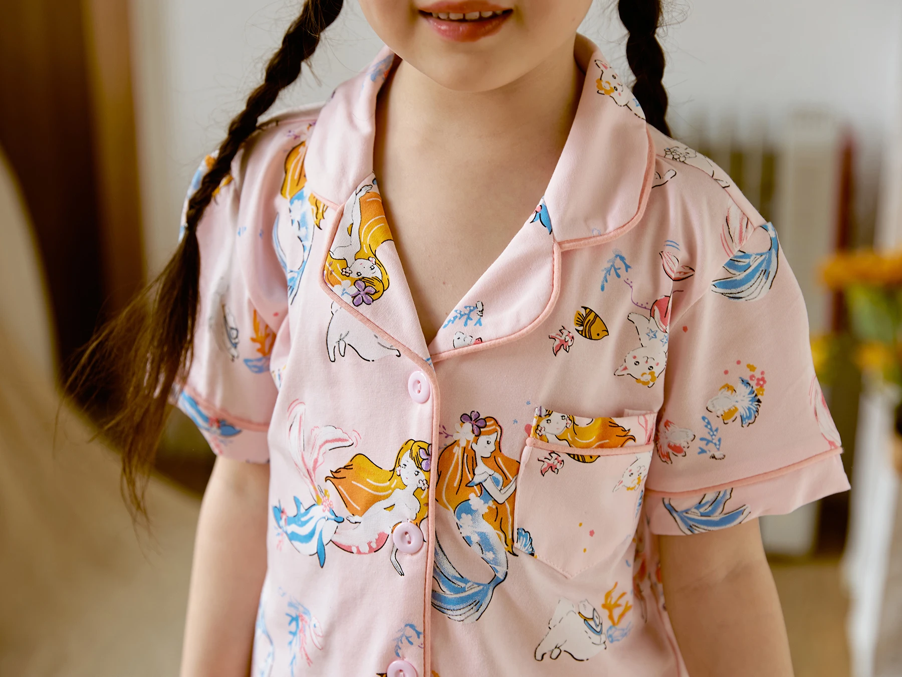 Girls 2-piece Pajama Sets Allover Cartoon Dancing Girl Pattern Lapel Front Buckle Chest Pocket Short Sleeve Top & Matching Short