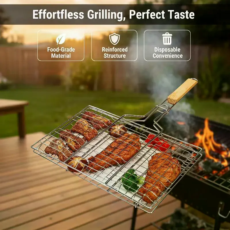 Foldable BBQ Grill Net For Hamburger BBQ Solid Ferroelectric Plating Heat-Resistant Wooden Handle For Outdoor Barbecue