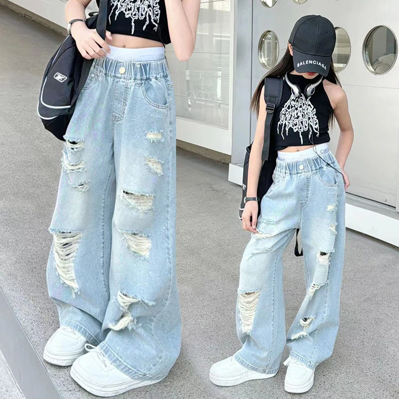 New Summer Girls Hole Jeans Thin Fashion Loose Straight Trousers Teenage Casual Hundred Simple Children\'s Trousers Streetwear